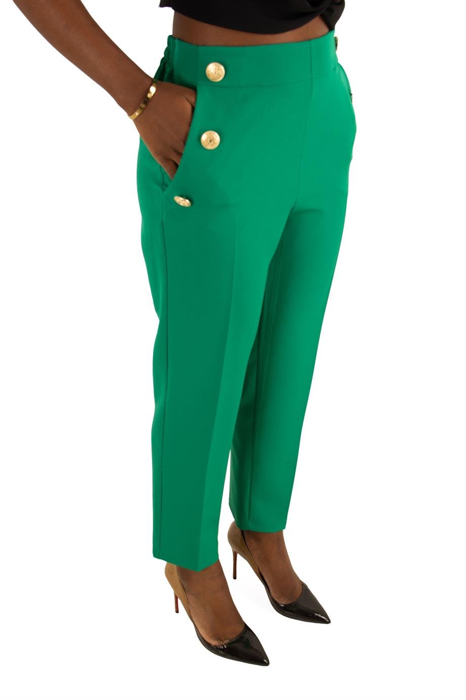 Gold Buttons High Waist Pencil Pant Big Size - Grass Green