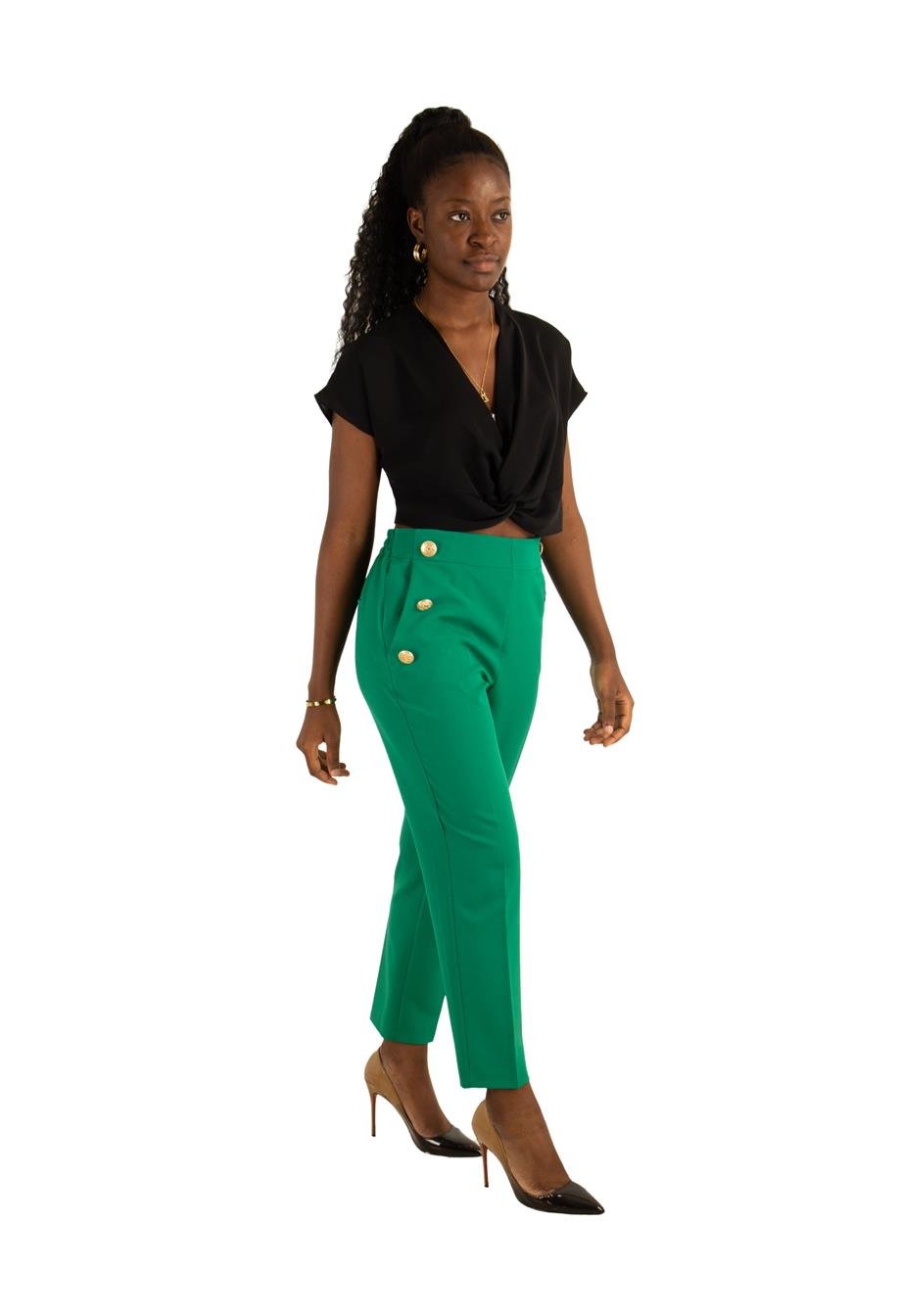 Gold Buttons High Waist Pencil Pant Big Size - Grass Green