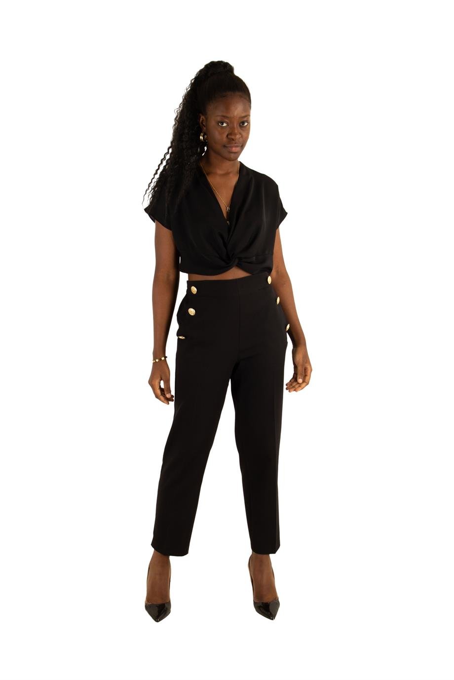 Gold Buttons High Waist Pencil Pant - Black