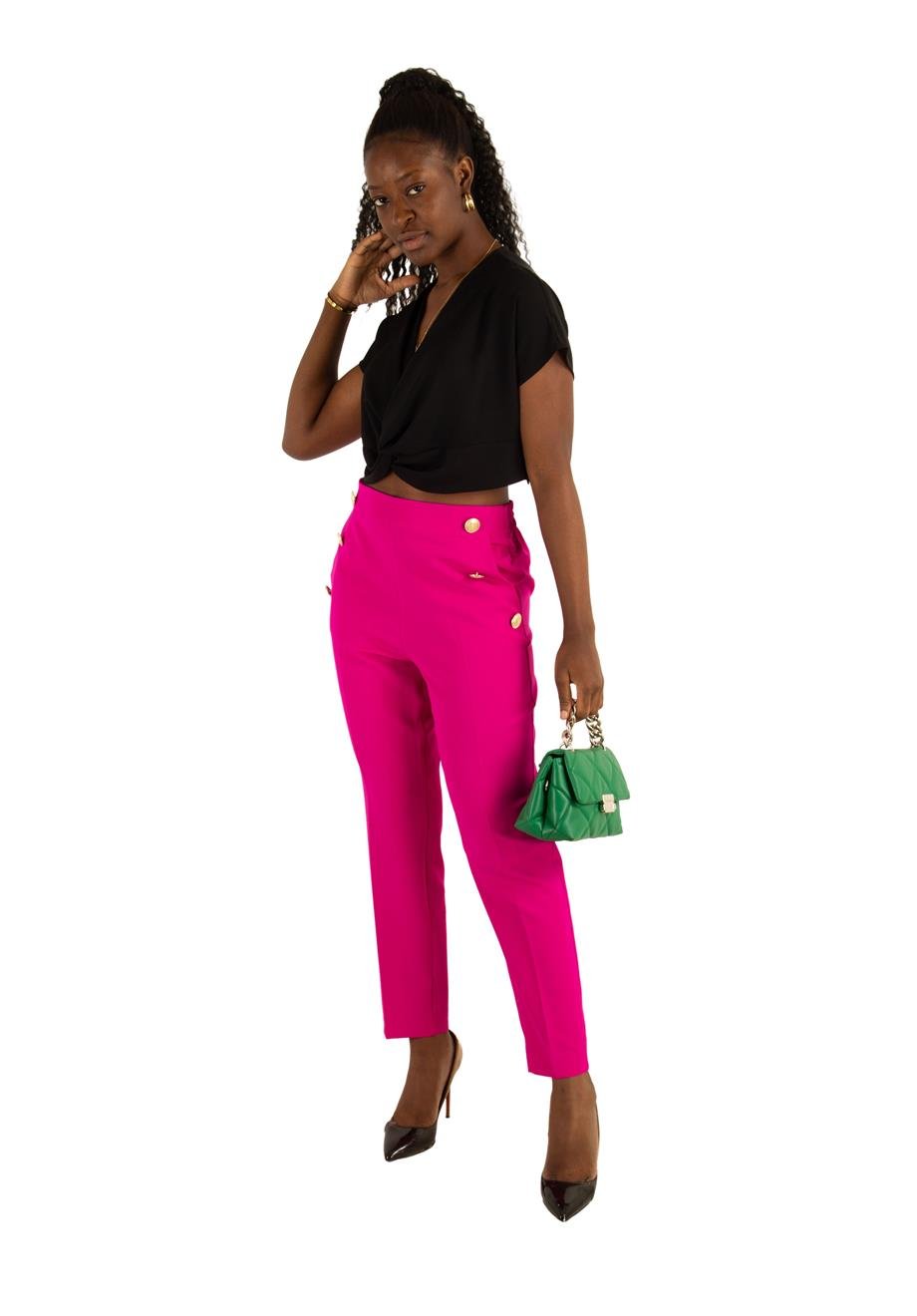 Gold Buttons High Waist Pencil Pant - Fuchsia