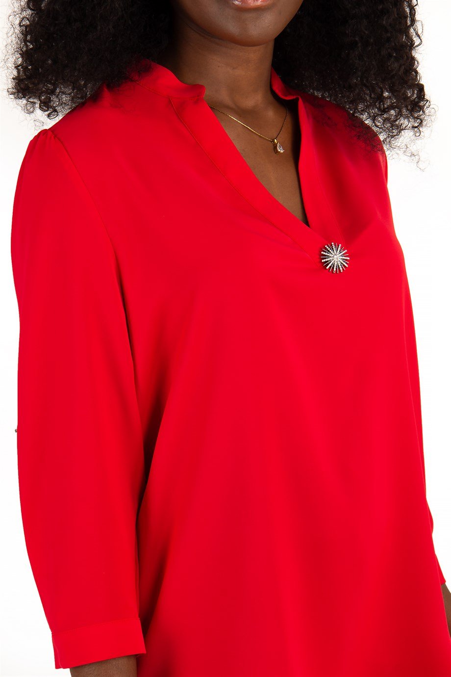 Half Neck Brooch Detail Blouse - Red