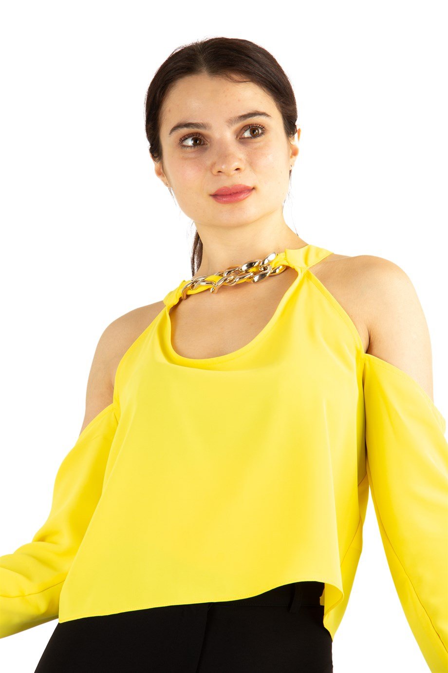Halter Neck Crop Top With Chain Detail - Yellow