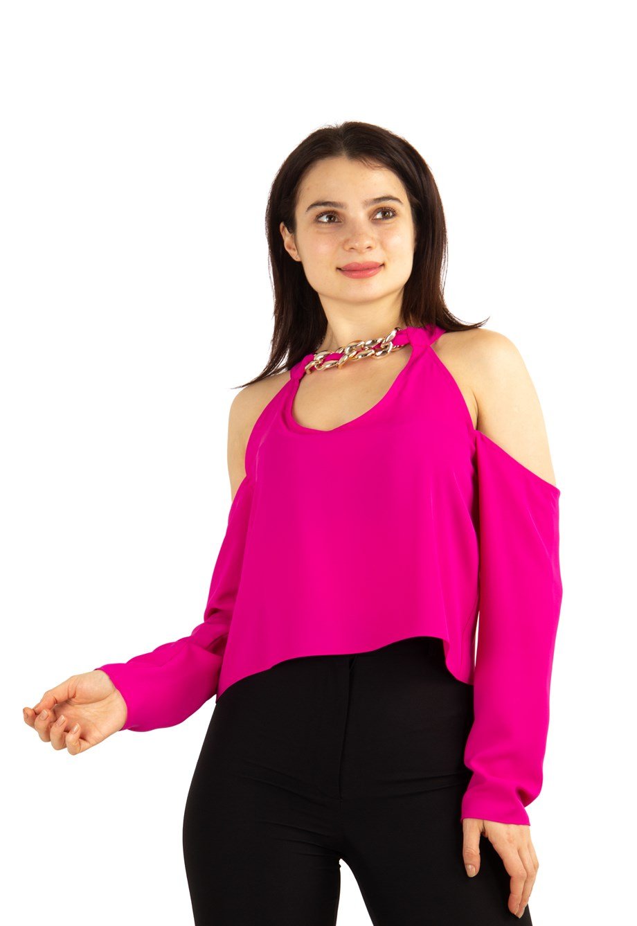 Halter Neck Crop Top With Chain Detail - Fuchsia