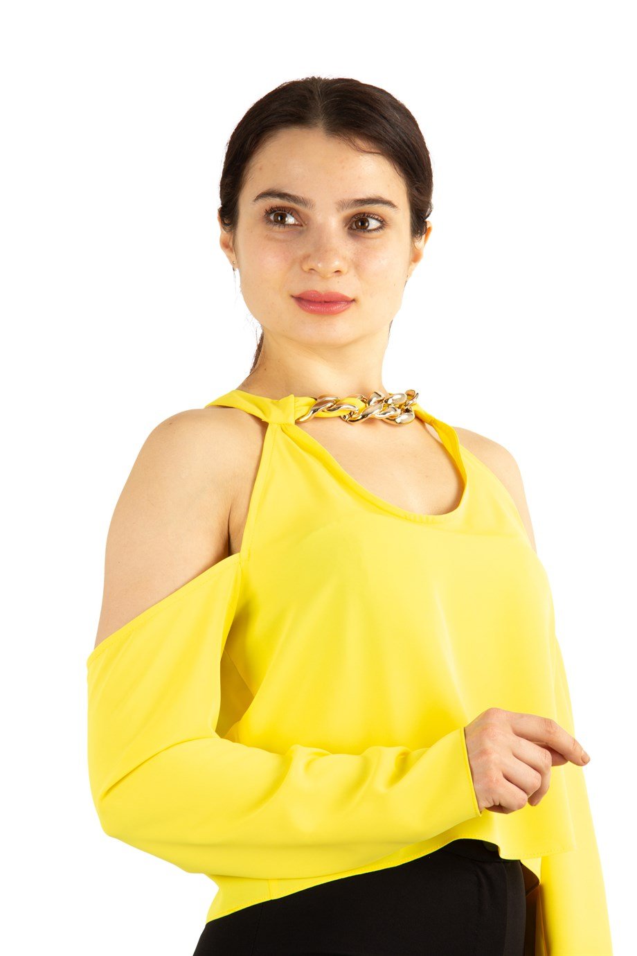 Halter Neck Crop Top With Chain Detail - Yellow