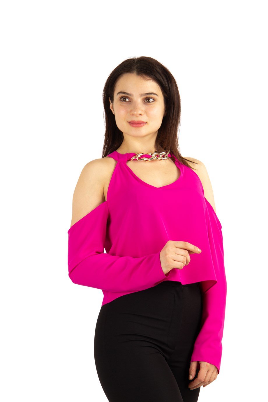 Halter Neck Crop Top With Chain Detail - Fuchsia