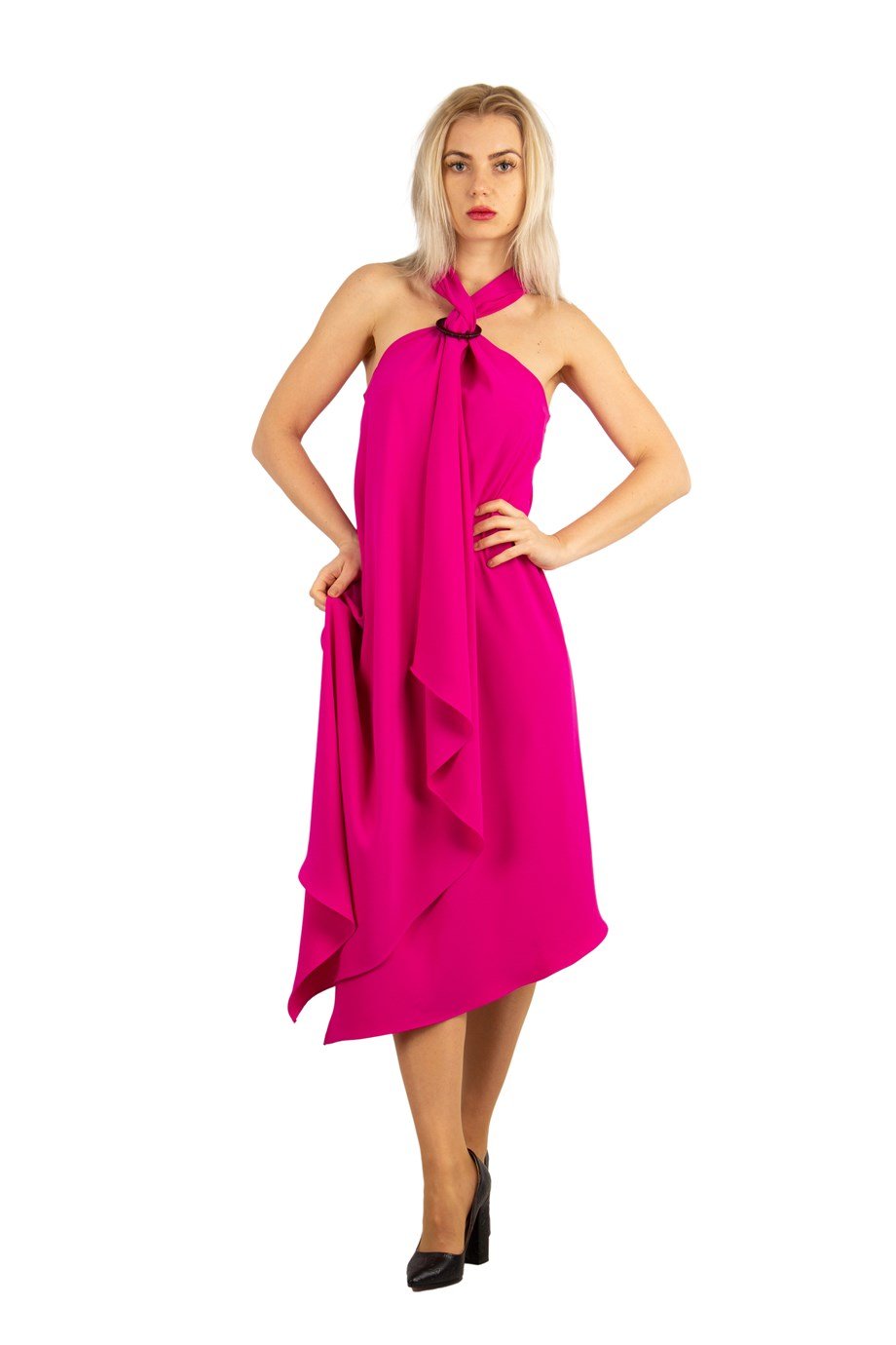 Halter O-Ring Center Slit Dress - Fuchsia