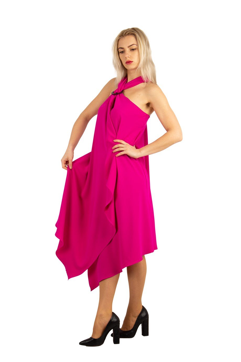 Halter O-Ring Center Slit Dress - Fuchsia