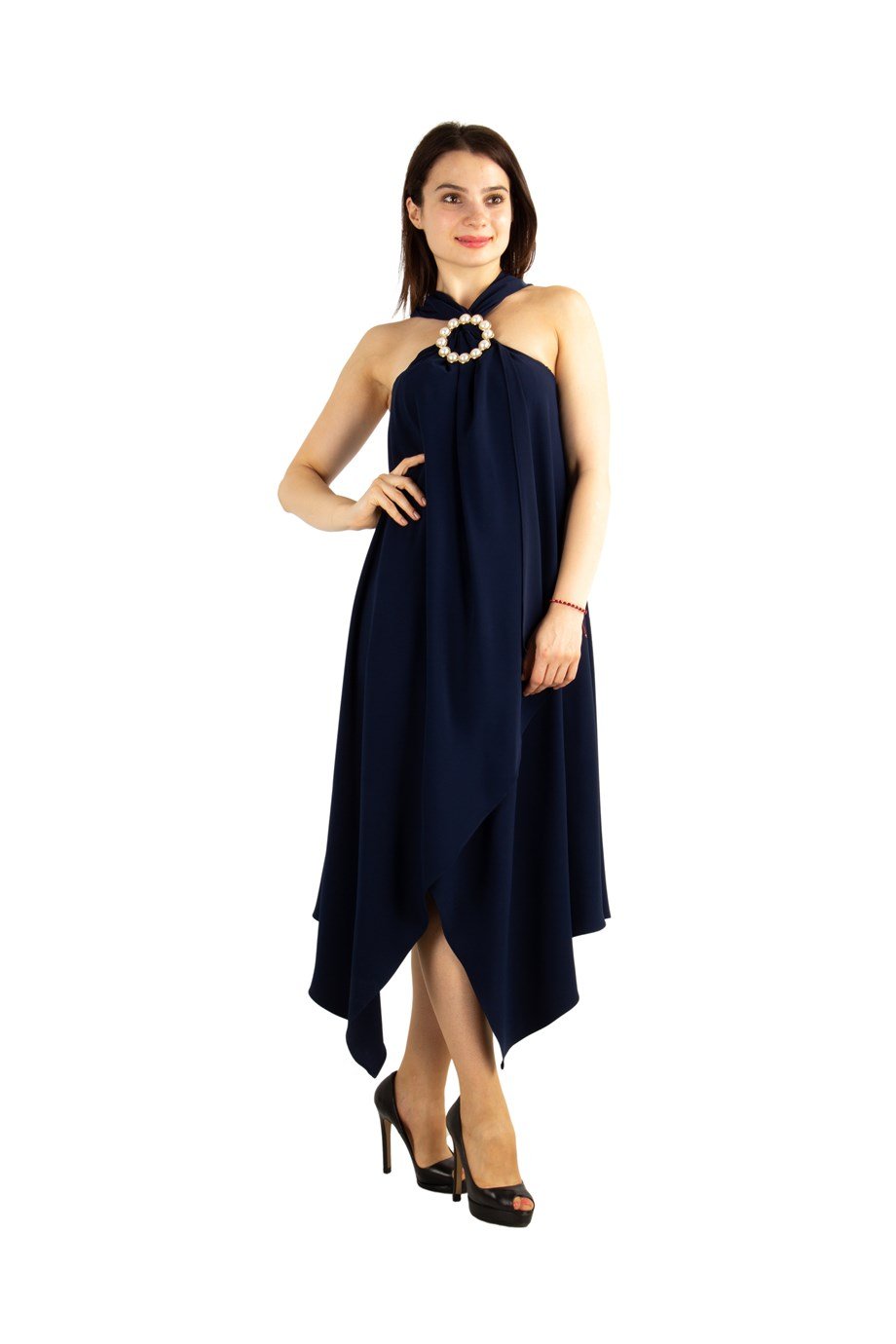 Halter O-Ring Center Slit Dress - Navy Blue