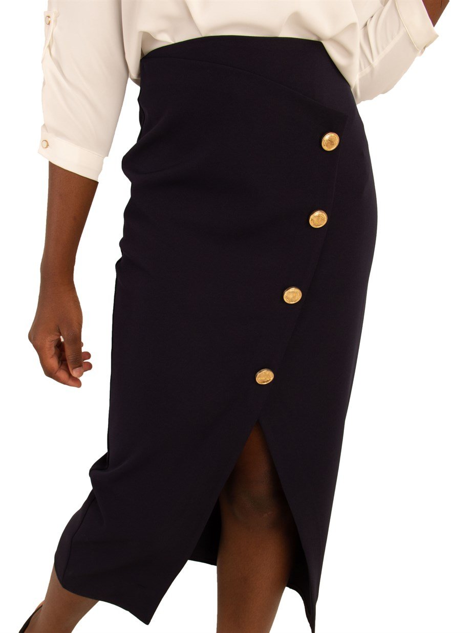 High Waist Metal Button Detail Pencil Slit Skirt - Navy Blue