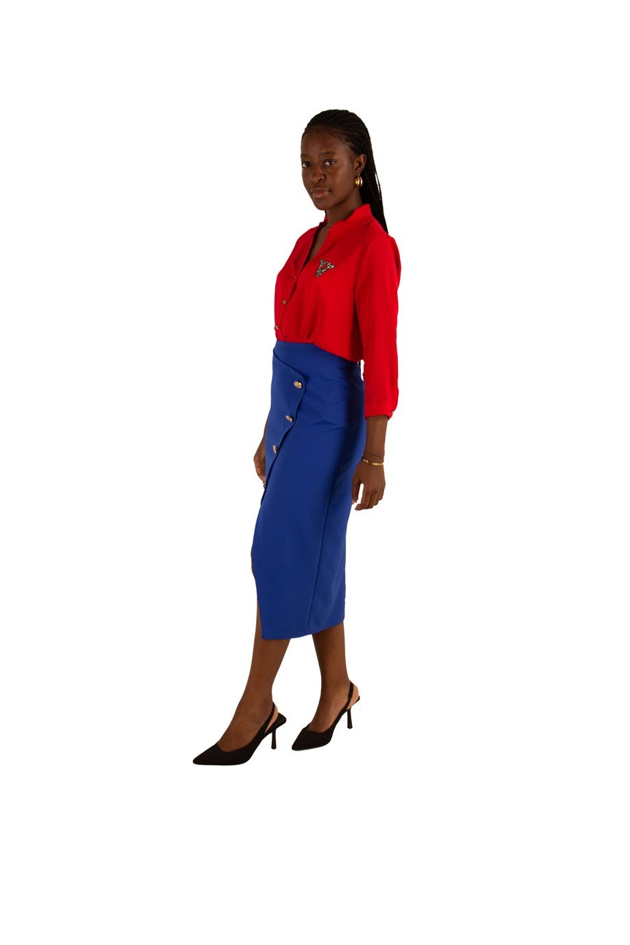 High Waist Metal Button Detail Pencil Slit Skirt - Saxe