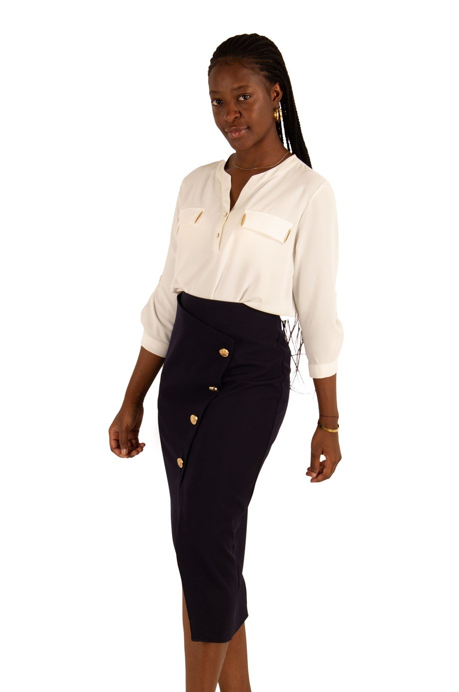High Waist Metal Button Detail Pencil Slit Skirt - Navy Blue