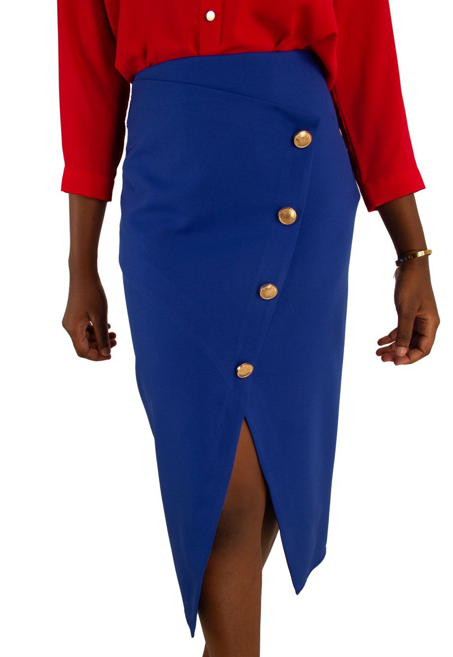 High Waist Metal Button Detail Pencil Slit Skirt - Saxe