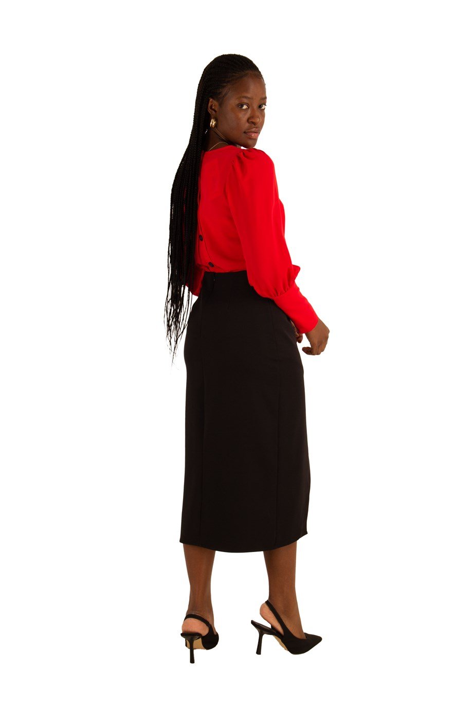 High Waist Metal Button Detail Pencil Slit Skirt - Black