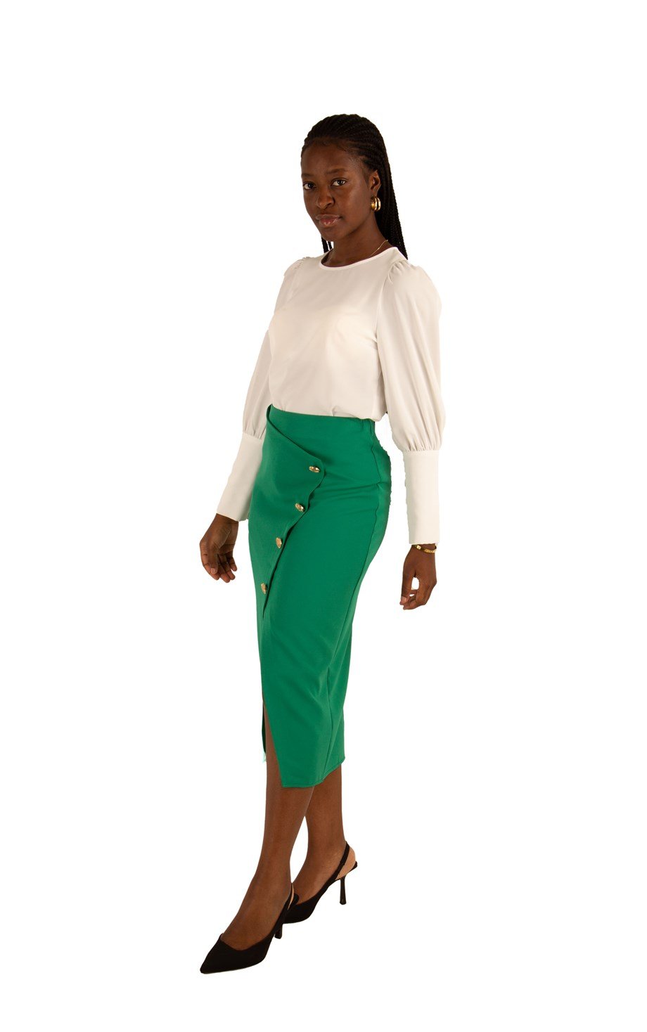 High Waist Metal Button Detail Pencil Slit Skirt - Grass Green