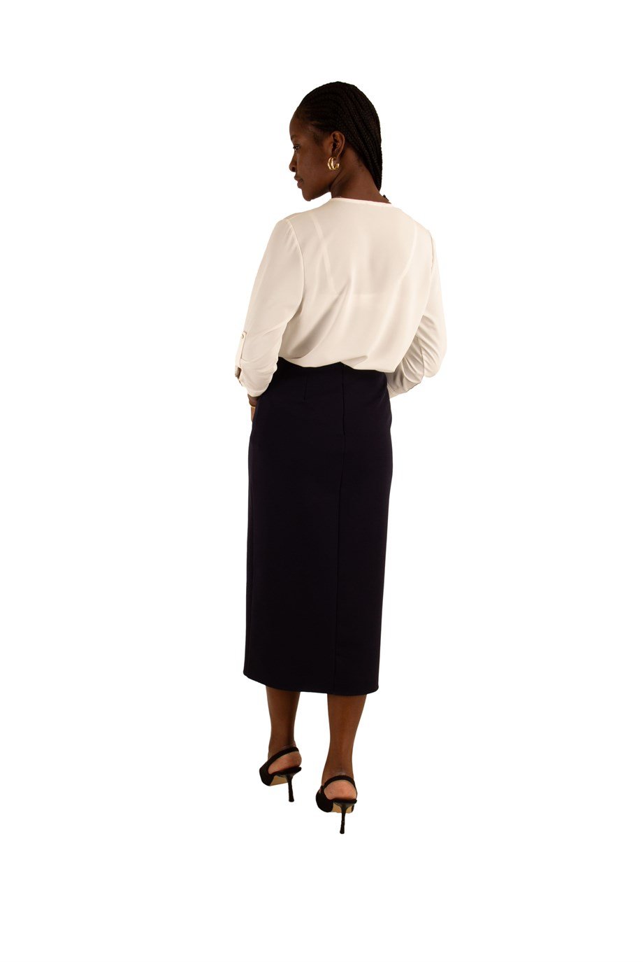 High Waist Metal Button Detail Pencil Slit Skirt - Navy Blue