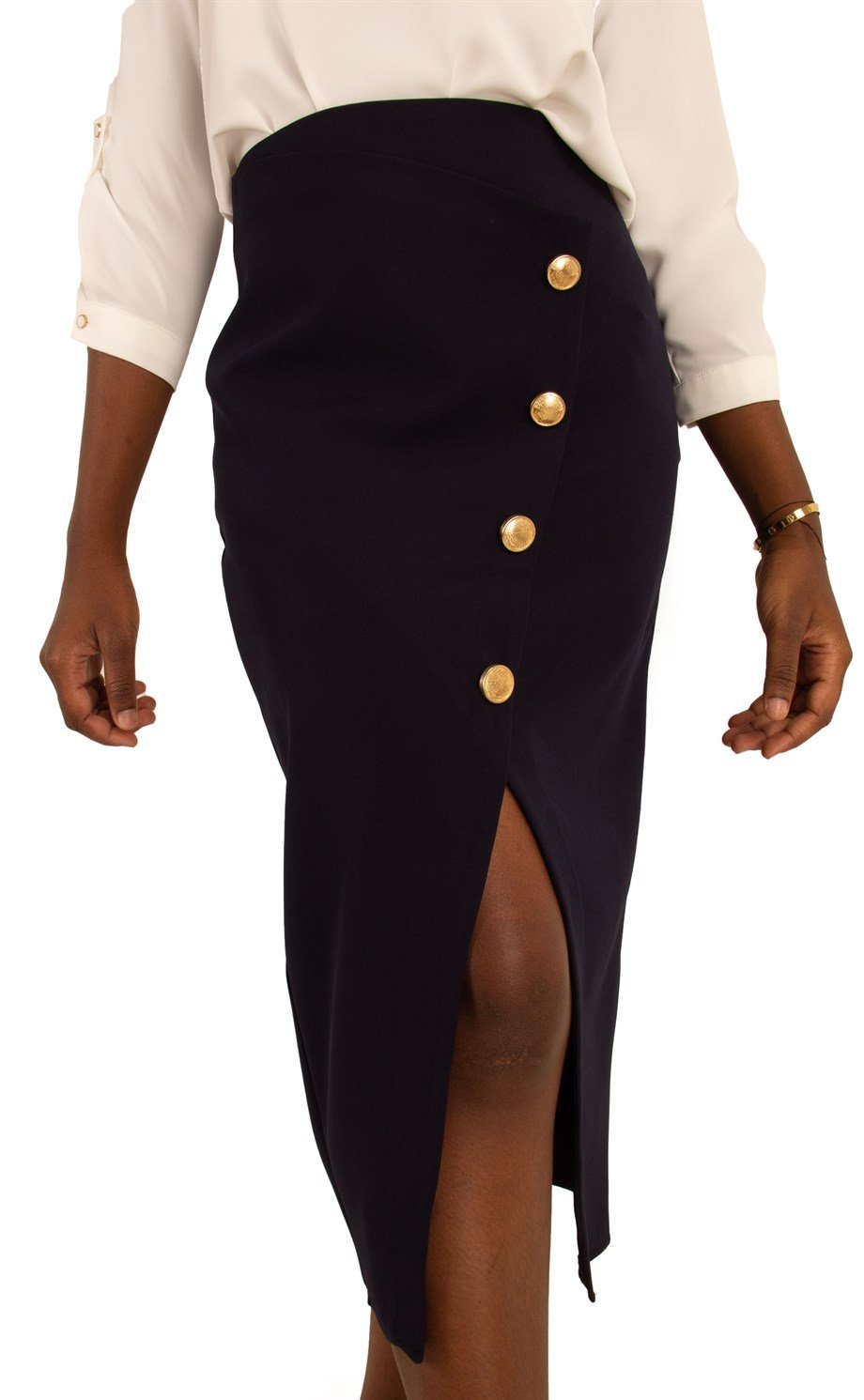 High Waist Metal Button Detail Pencil Slit Skirt - Navy Blue