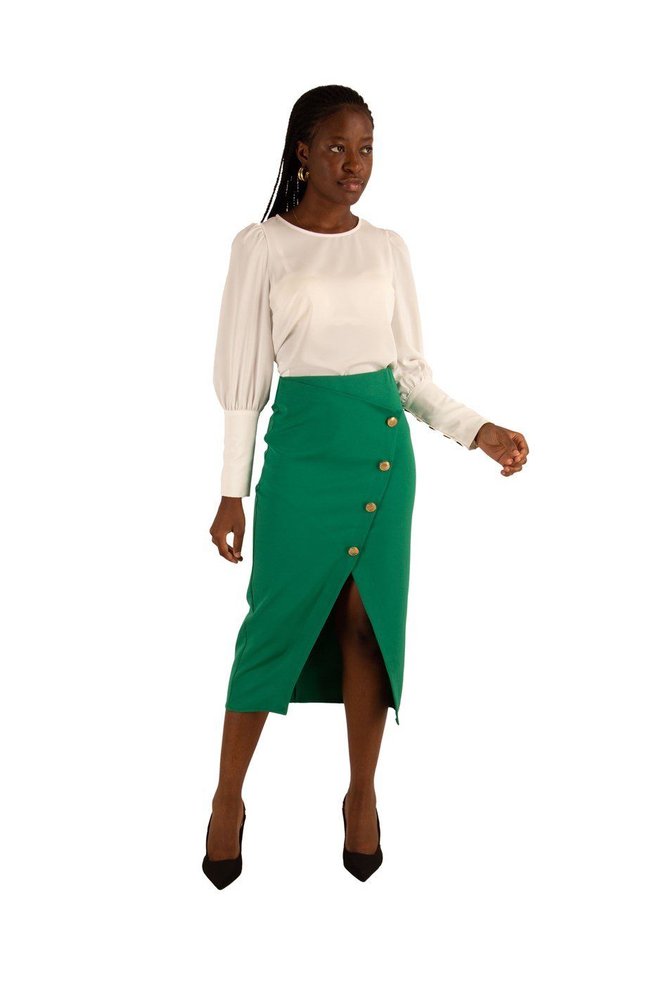 High Waist Metal Button Detail Pencil Slit Skirt - Grass Green