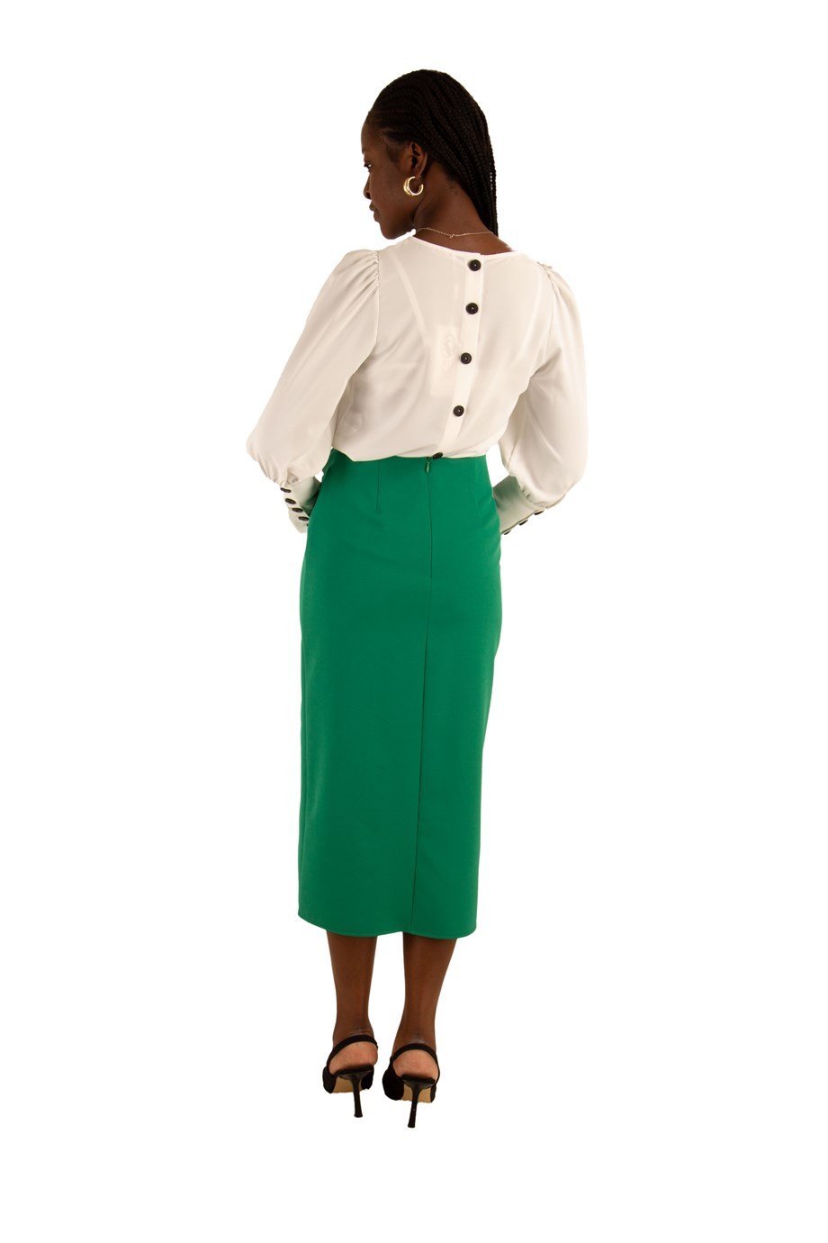 High Waist Metal Button Detail Pencil Slit Skirt - Grass Green