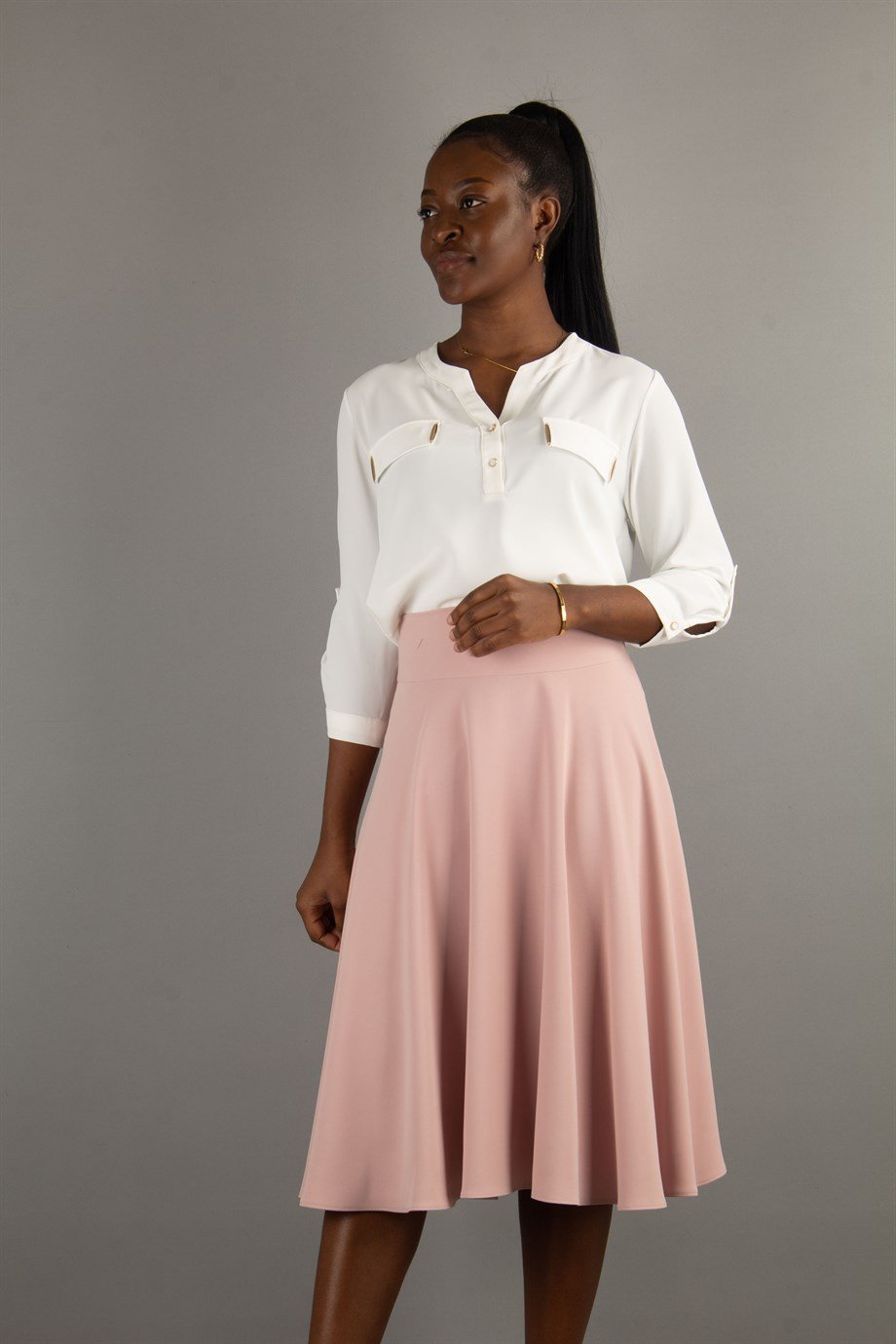 High Waisted Flared Skirt - Powder