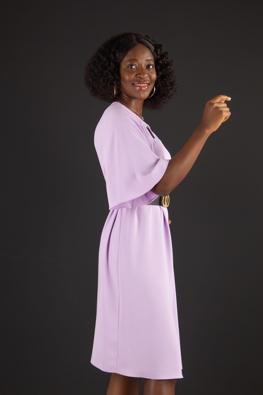 Key Hole Neck Bell Sleeve Big Size Dress - Lilac