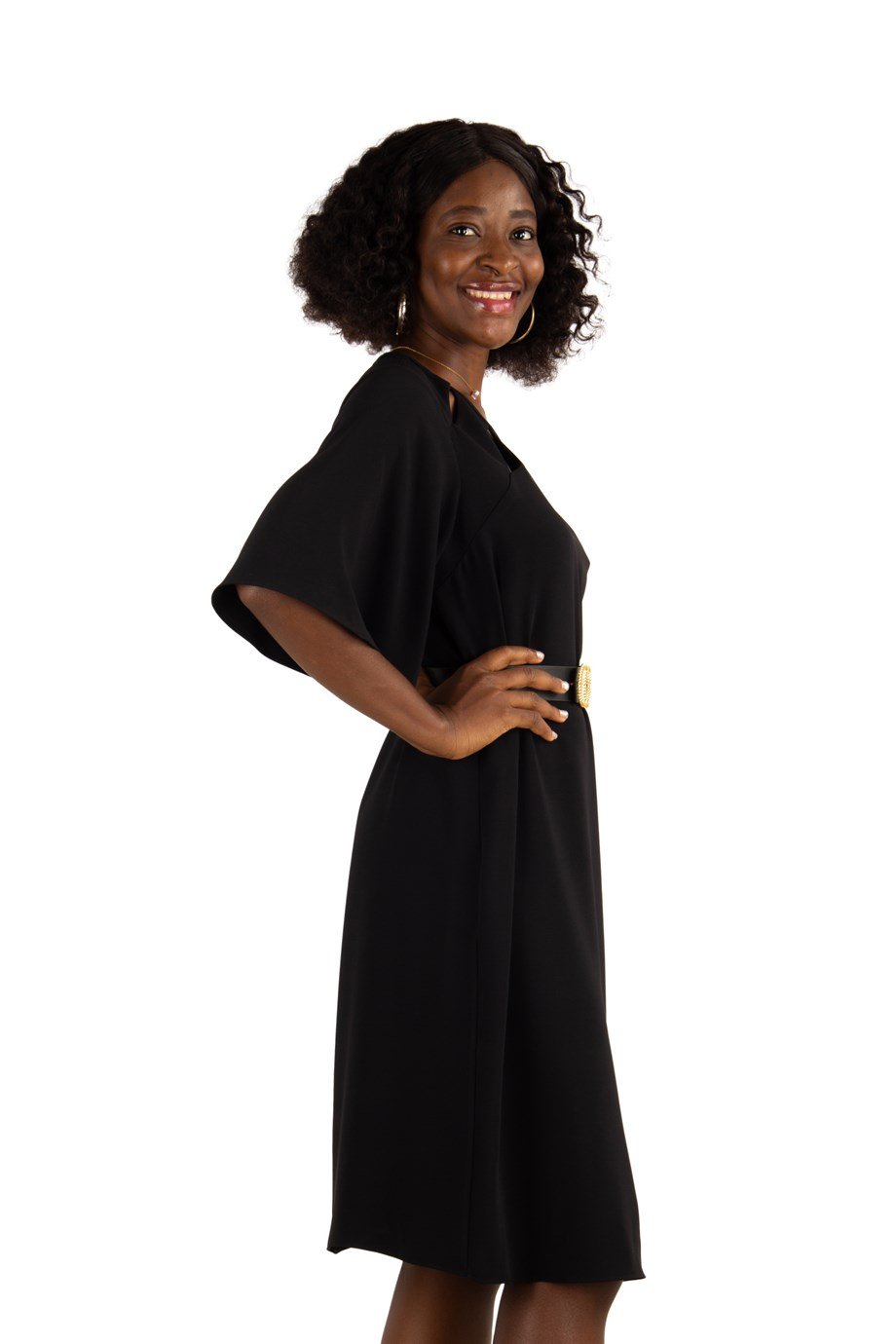 Key Hole Neck Bell Sleeve Dress - Black