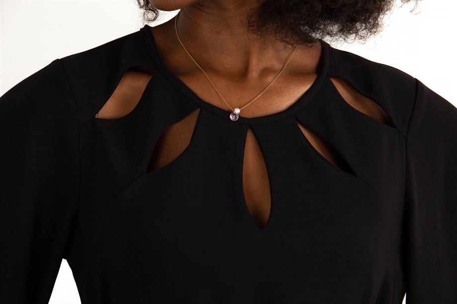 Key Hole Neck Bell Sleeve Dress - Black