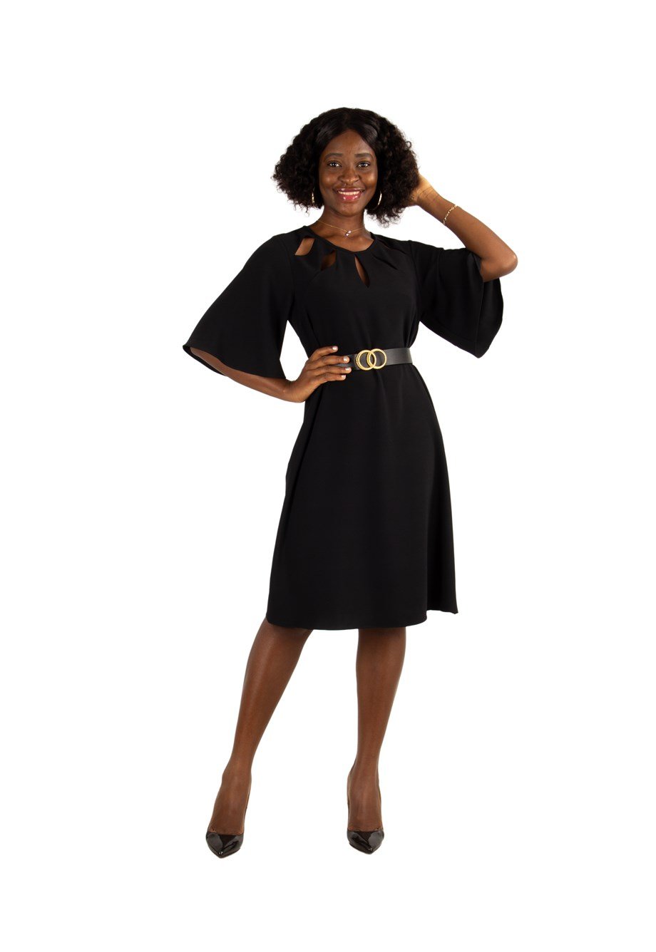 Key Hole Neck Bell Sleeve Dress - Black