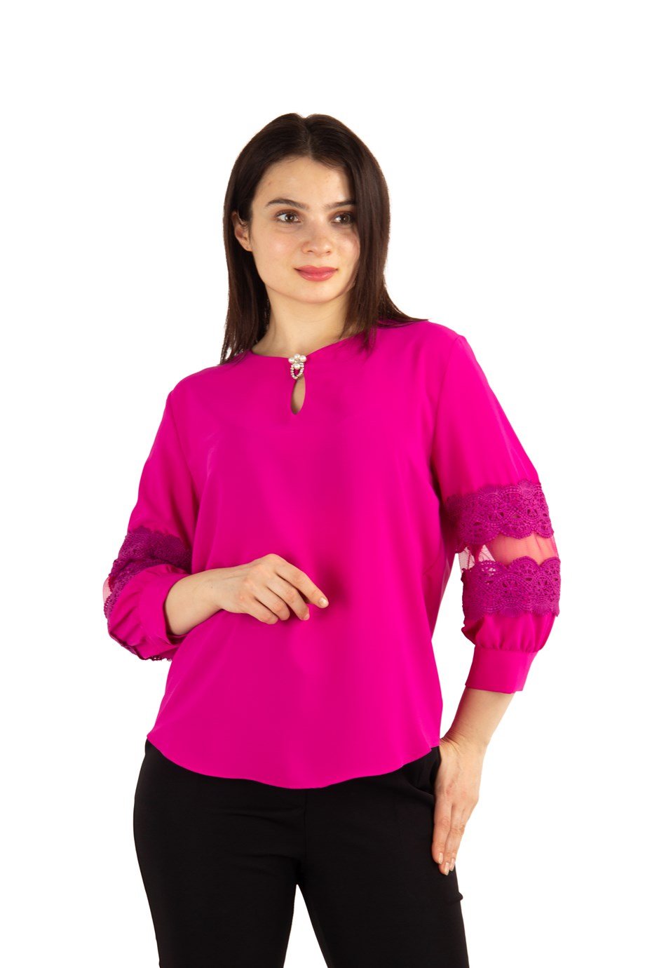 Key Hole Neck Lace Sleeve Detail Big Size Blouse - Fuchsia