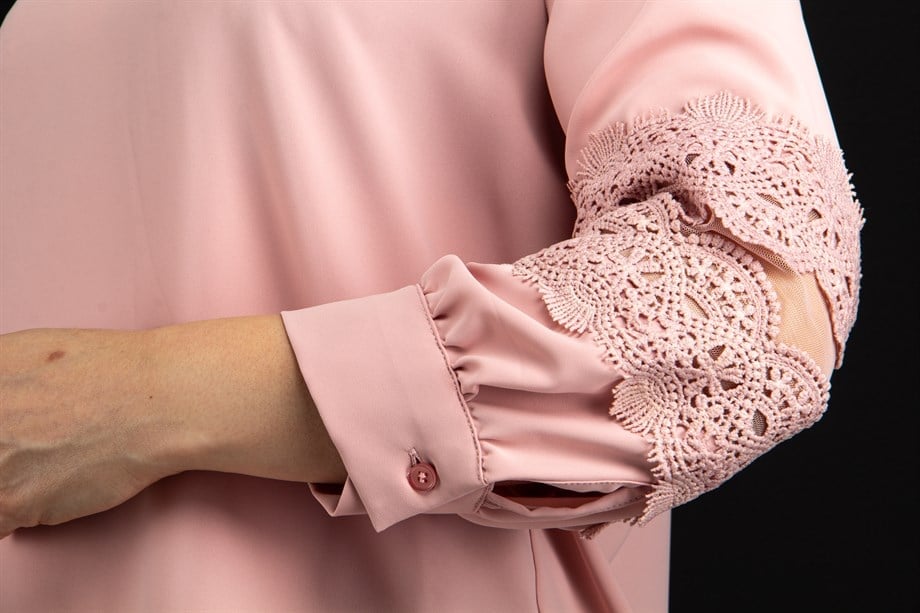 Key Hole Neck Lace Sleeve Detail Big Size Blouse - Powder