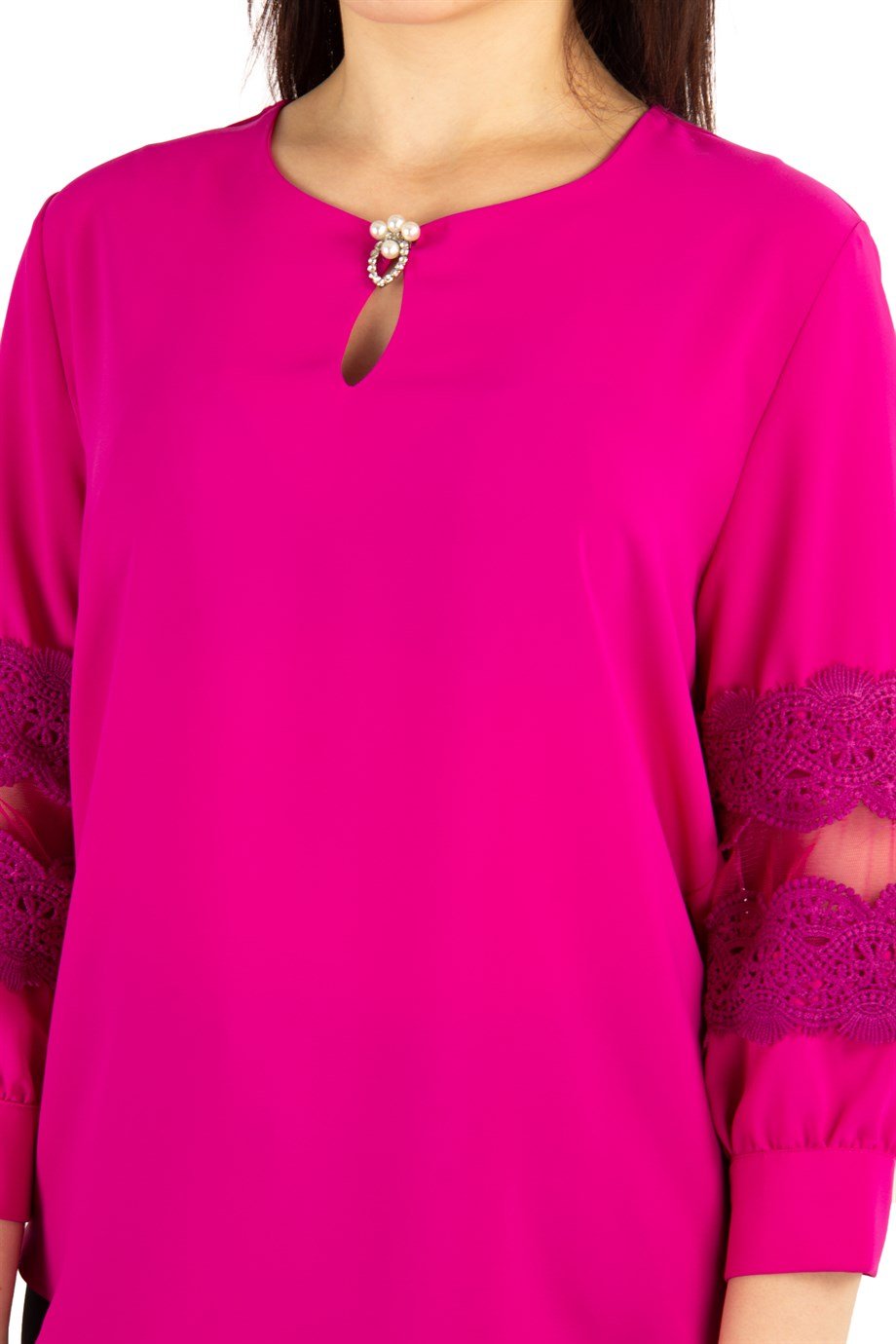 Key Hole Neck Lace Sleeve Detail Big Size Blouse - Fuchsia