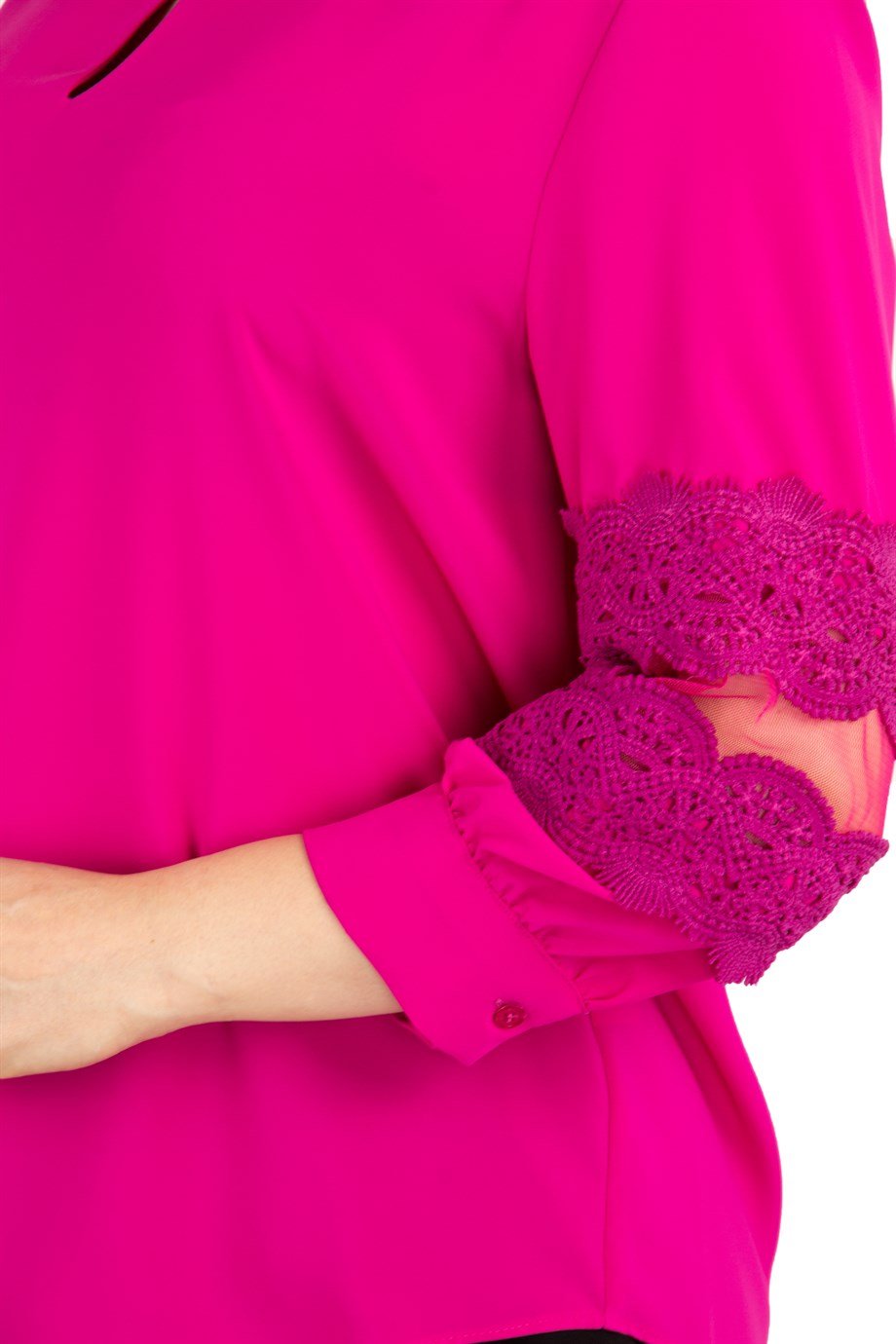Key Hole Neck Lace Sleeve Detail Big Size Blouse - Fuchsia