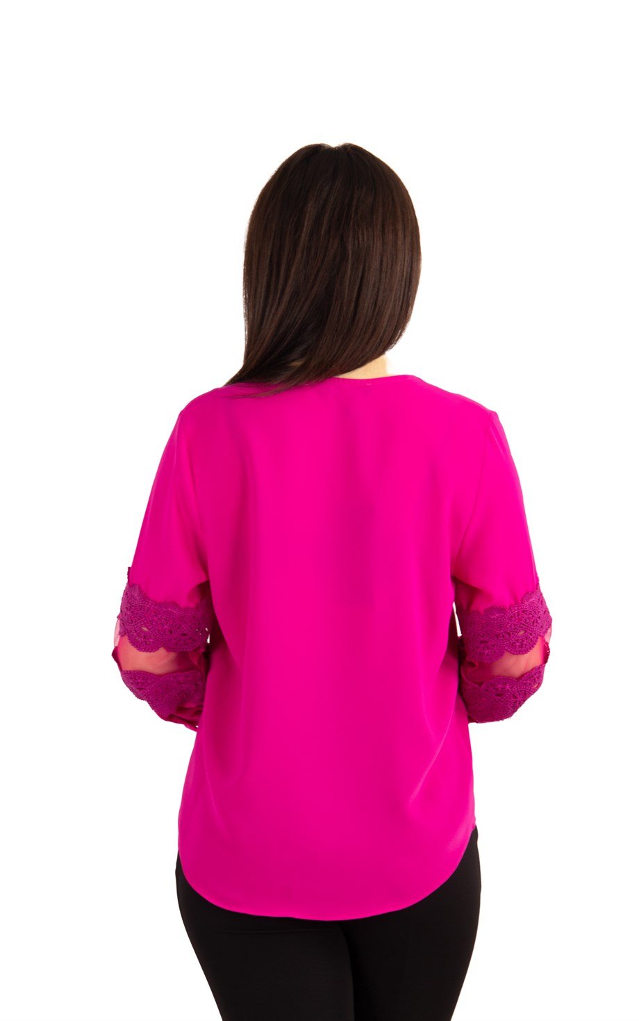 Key Hole Neck Lace Sleeve Detail Big Size Blouse - Fuchsia