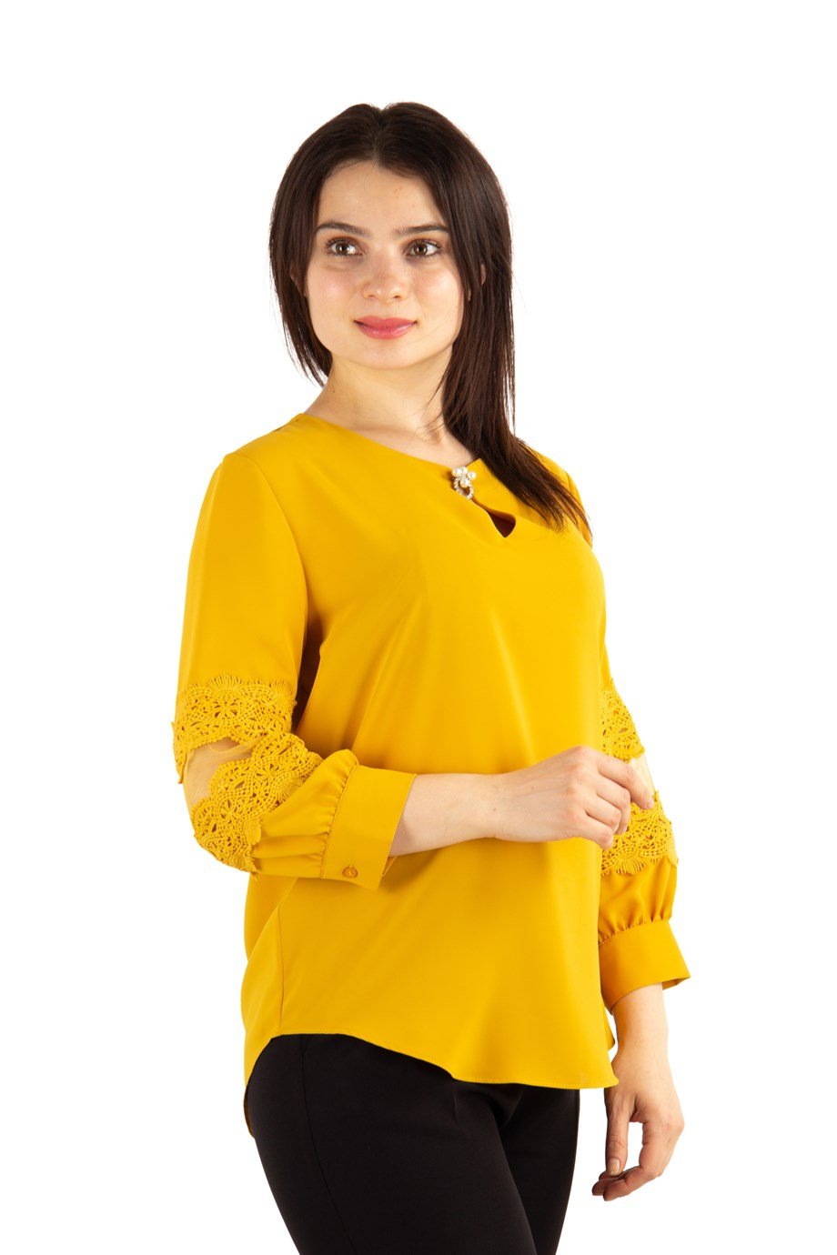 Key Hole Neck Lace Sleeve Detail Blouse - Mustard