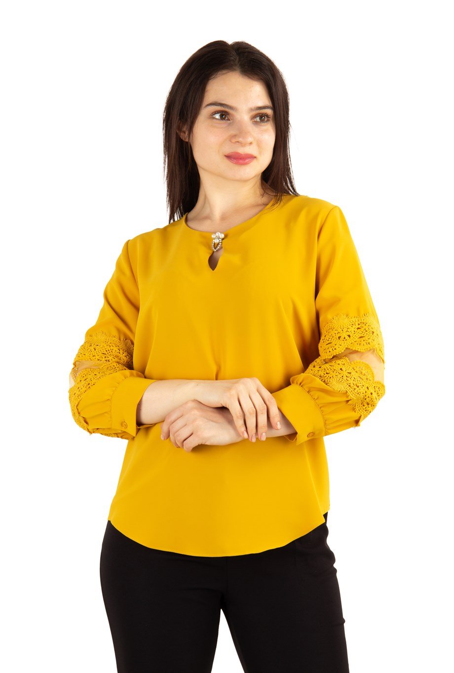 Key Hole Neck Lace Sleeve Detail Blouse - Mustard