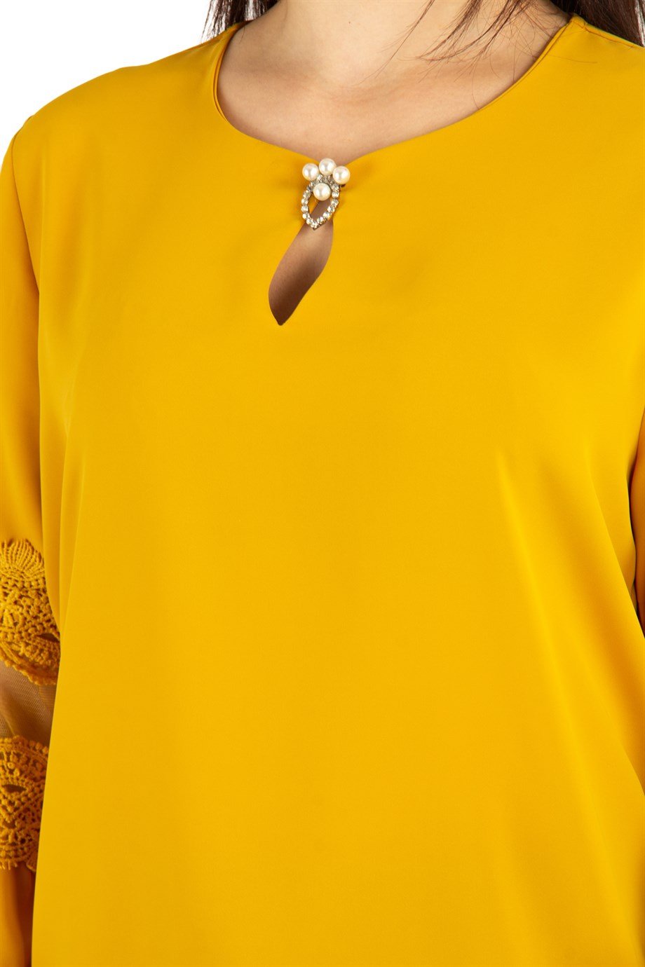 Key Hole Neck Lace Sleeve Detail Blouse - Mustard