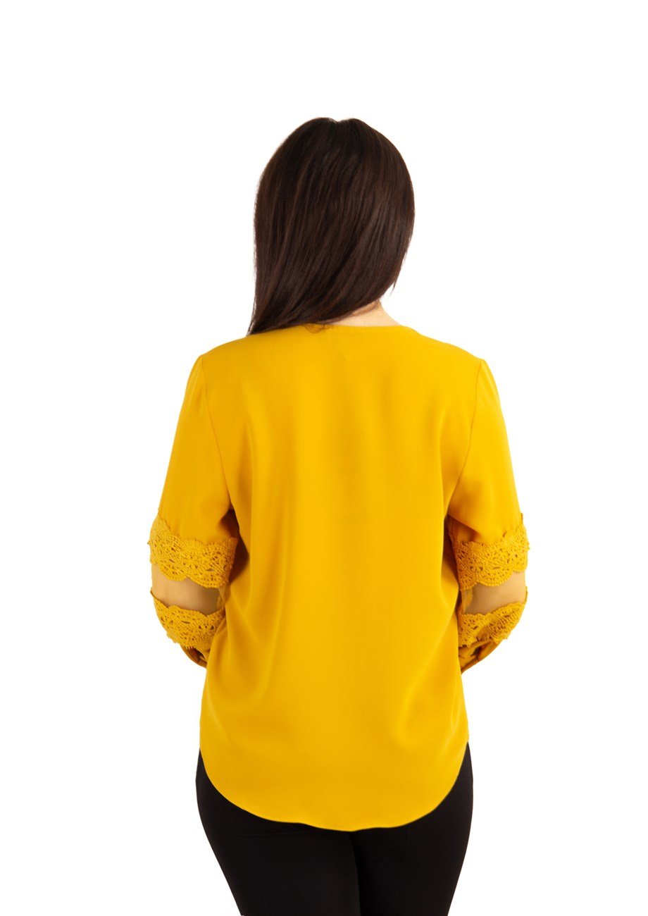 Key Hole Neck Lace Sleeve Detail Blouse - Mustard