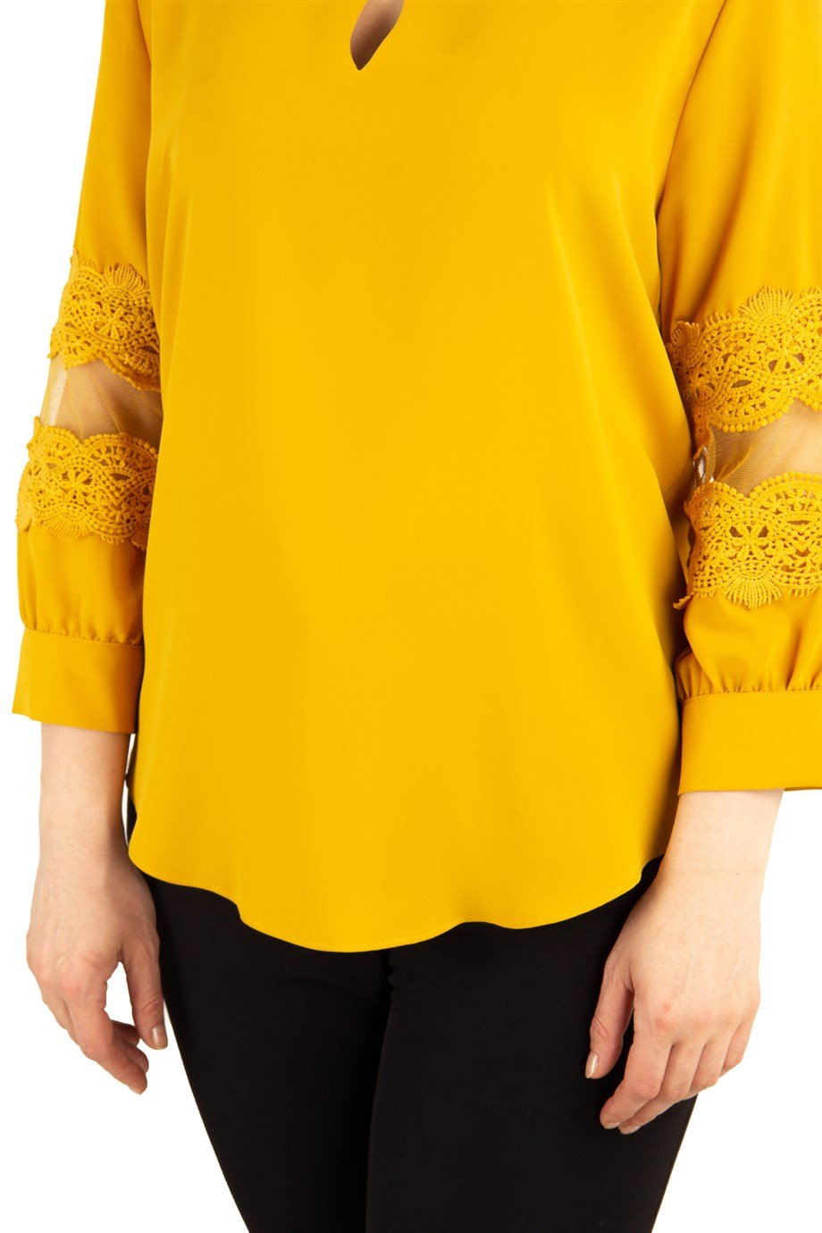 Key Hole Neck Lace Sleeve Detail Blouse - Mustard
