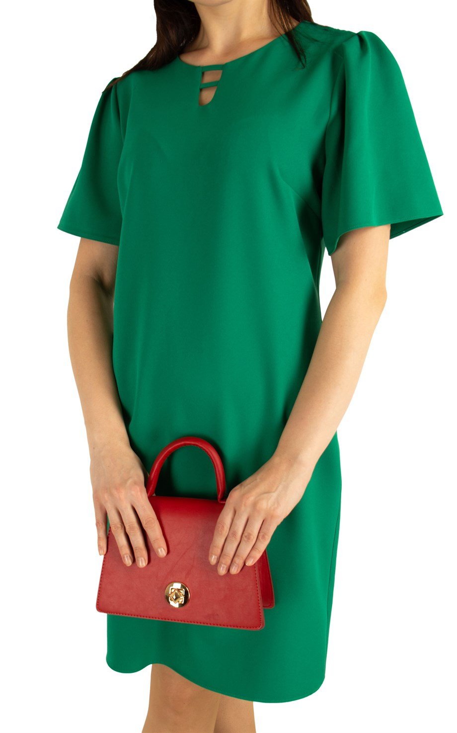 Keyhole Neck Plain Dress Big Size - Grass Green