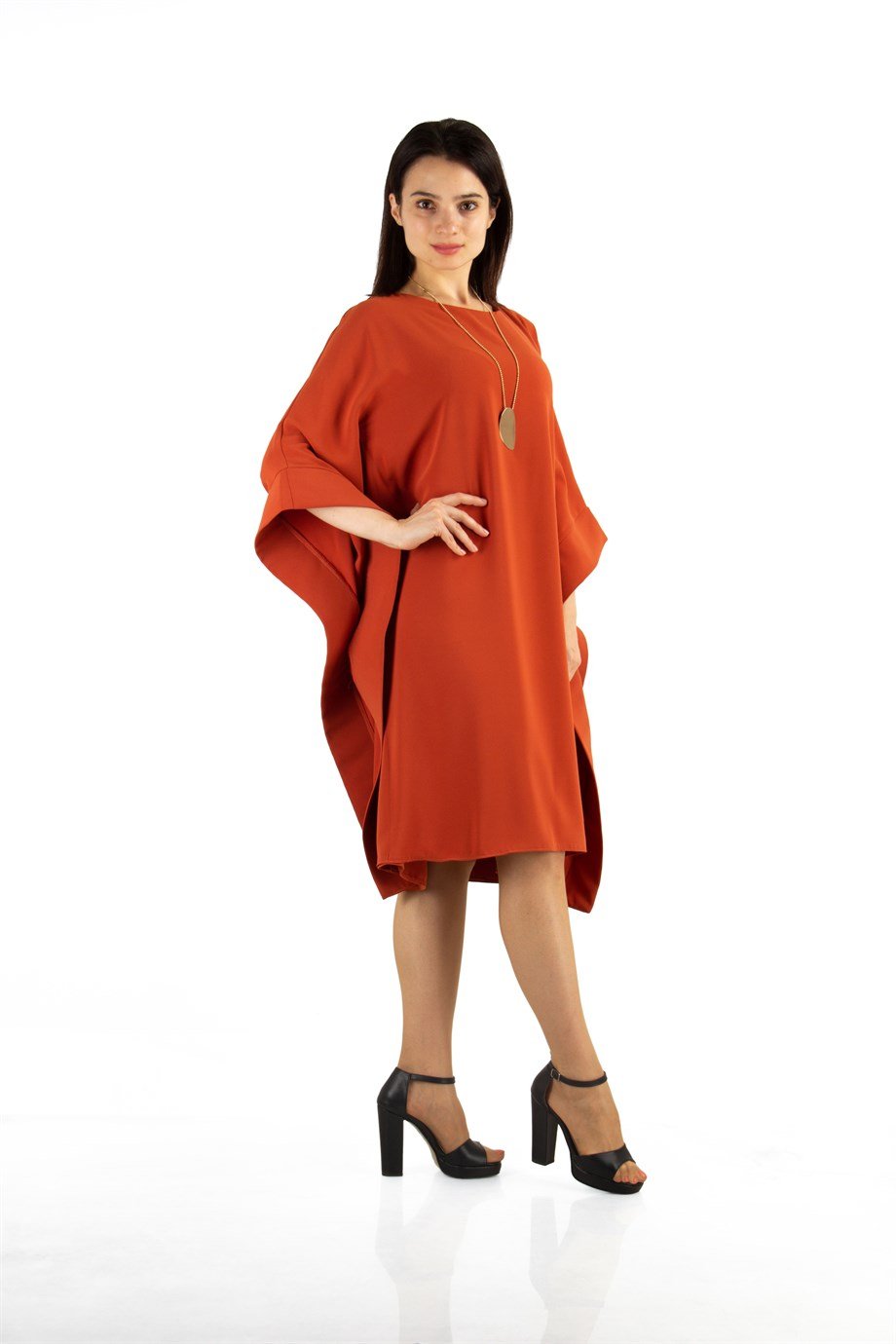 Kimono Sleeve Stylish Midi Dress - Brunt Orange
