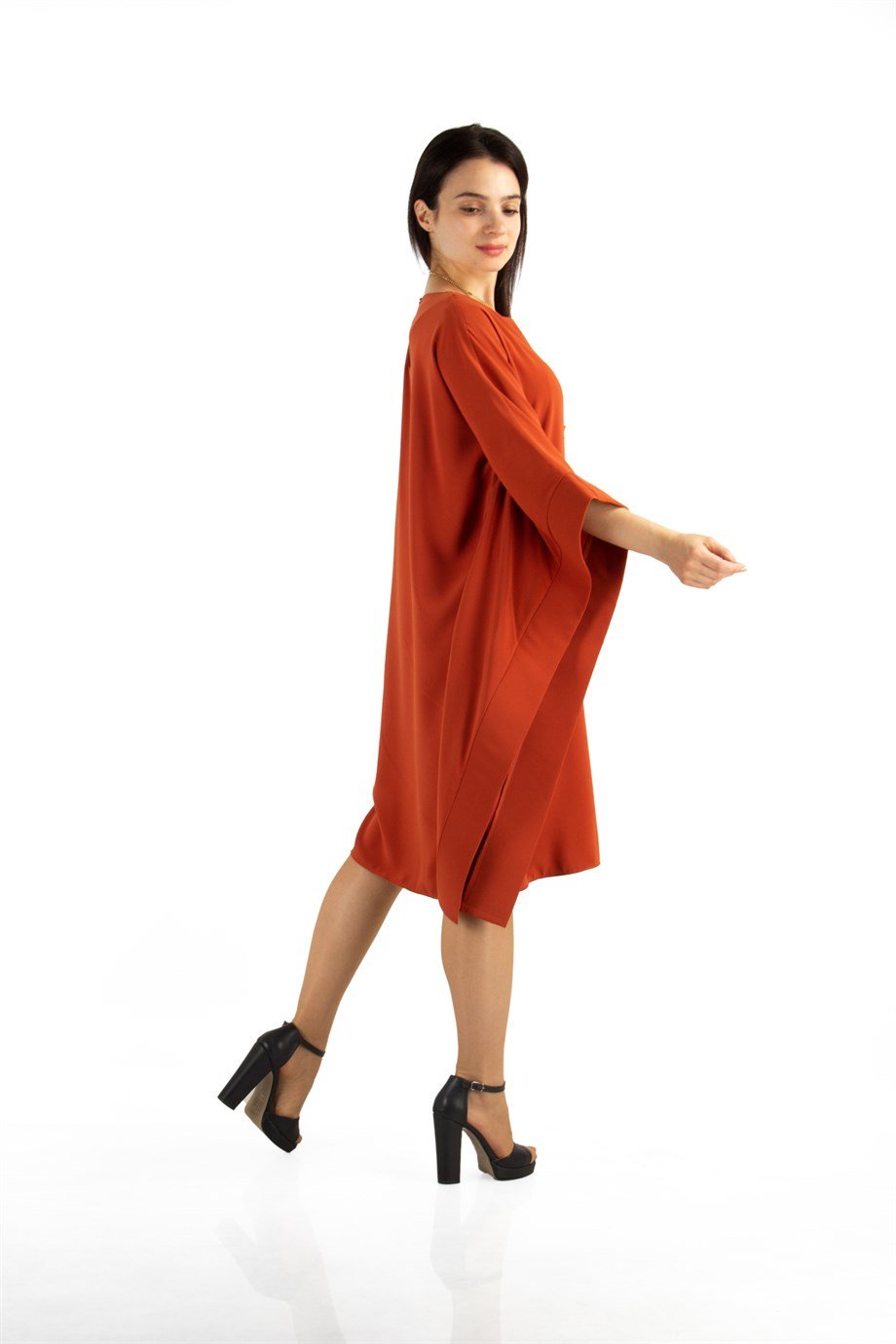 Kimono Sleeve Stylish Midi Dress - Brunt Orange