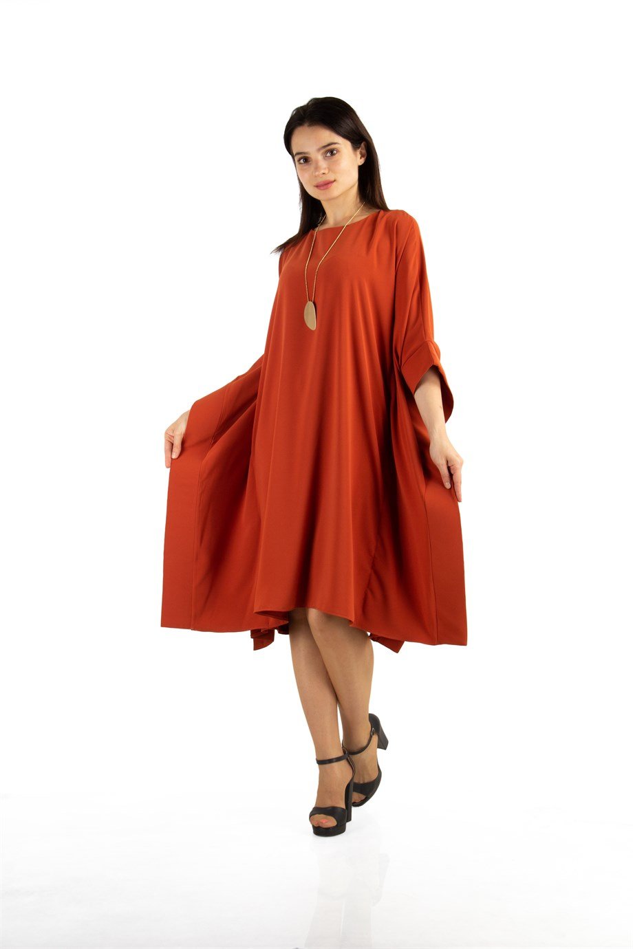 Kimono Sleeve Stylish Midi Dress - Brunt Orange