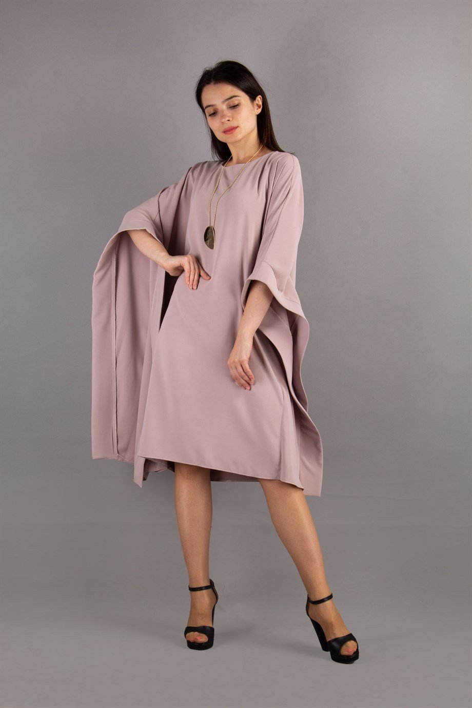 Kimono Sleeve Stylish Midi Dress - Powder
