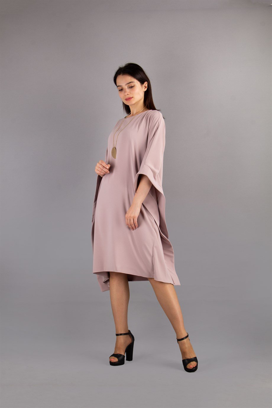 Kimono Sleeve Stylish Midi Dress - Powder