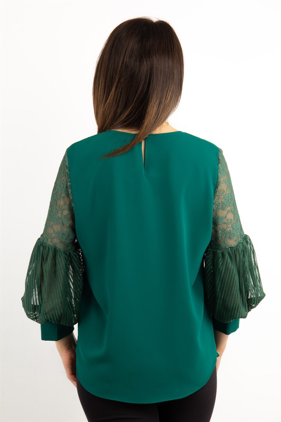 Lace Baloon Sleeves Big Size Blouse - Emerald Green