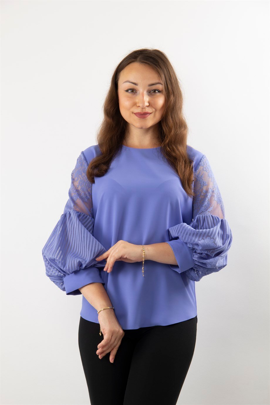 Lace Baloon Sleeves Big Size Blouse - Indigo