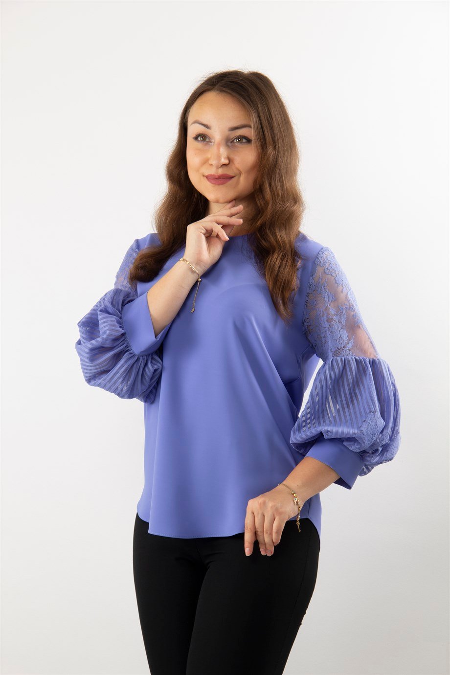 Lace Baloon Sleeves Big Size Blouse - Indigo