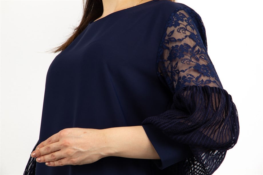 Lace Baloon Sleeves Blouse - Navy Blue