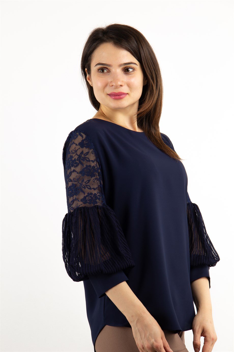 Lace Baloon Sleeves Blouse - Navy Blue