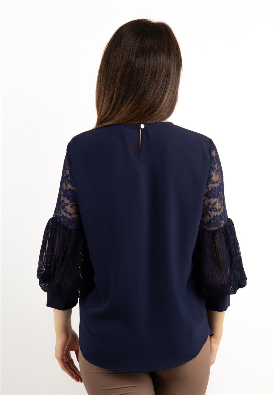 Lace Baloon Sleeves Blouse - Navy Blue