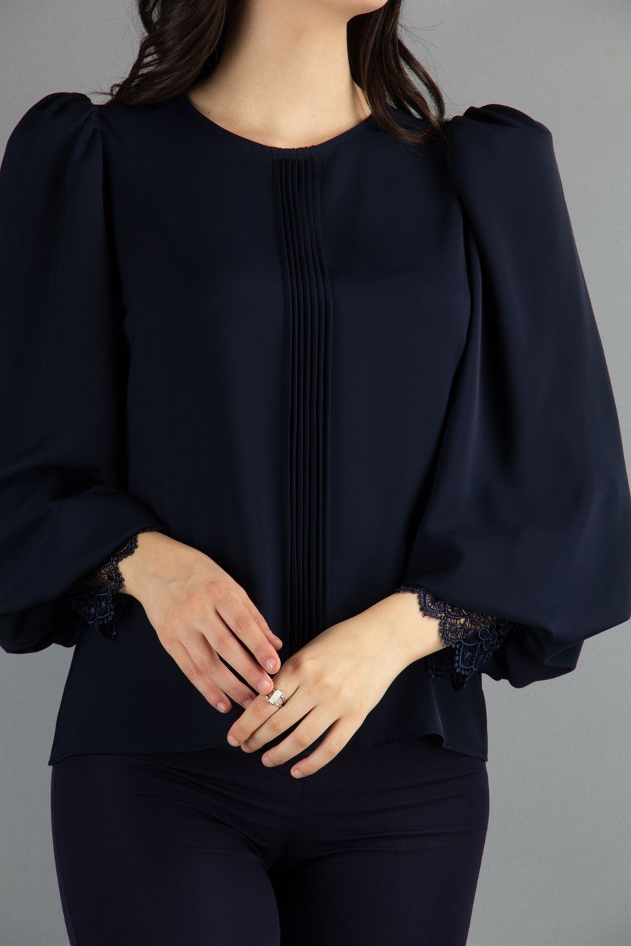 Lace Cuff Pleated Blouse - Navy Blue